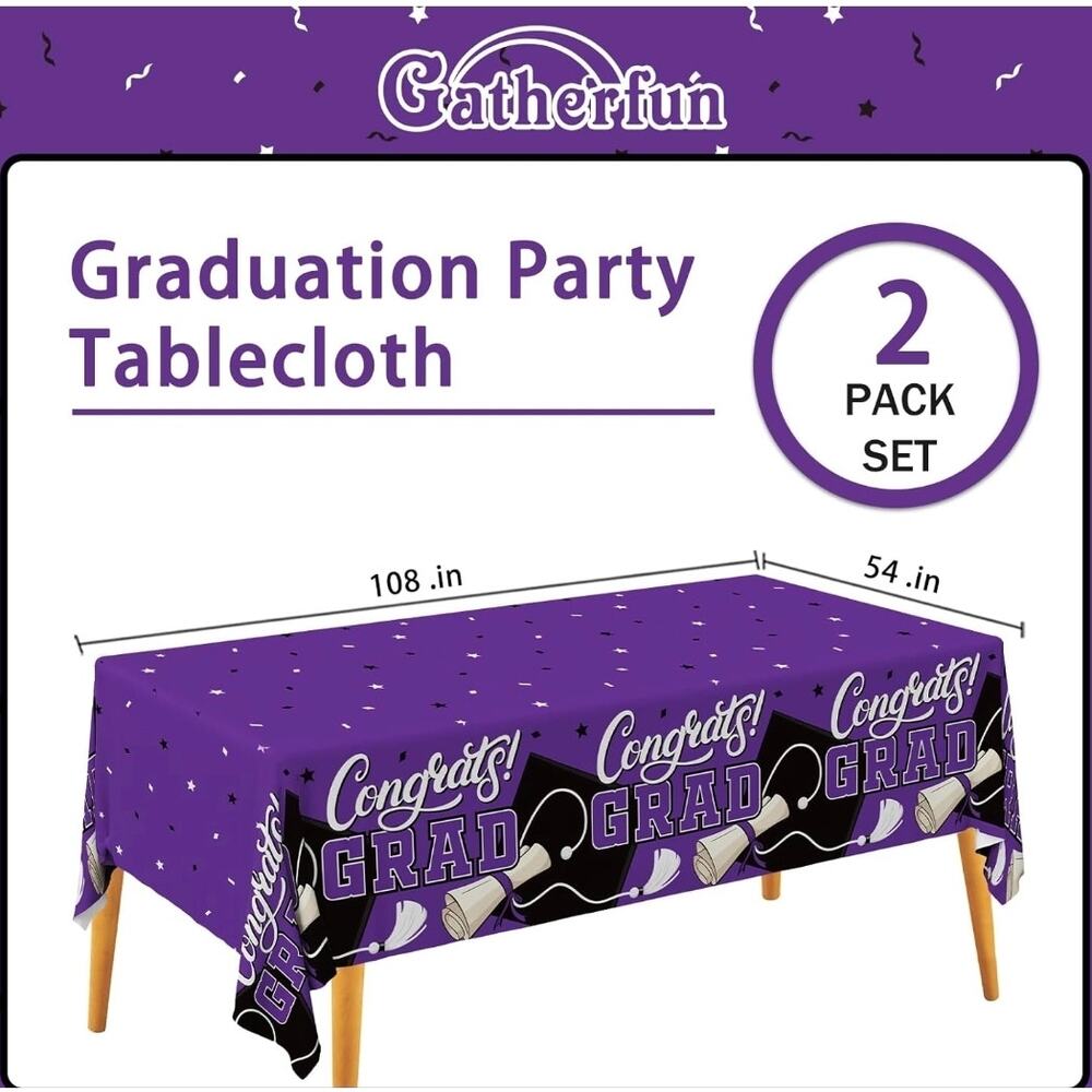 Gatherfun Graduation Decorations 2 PC Purple Plastic Tablecloth 54"x108" s34 - Picture 2 of 7